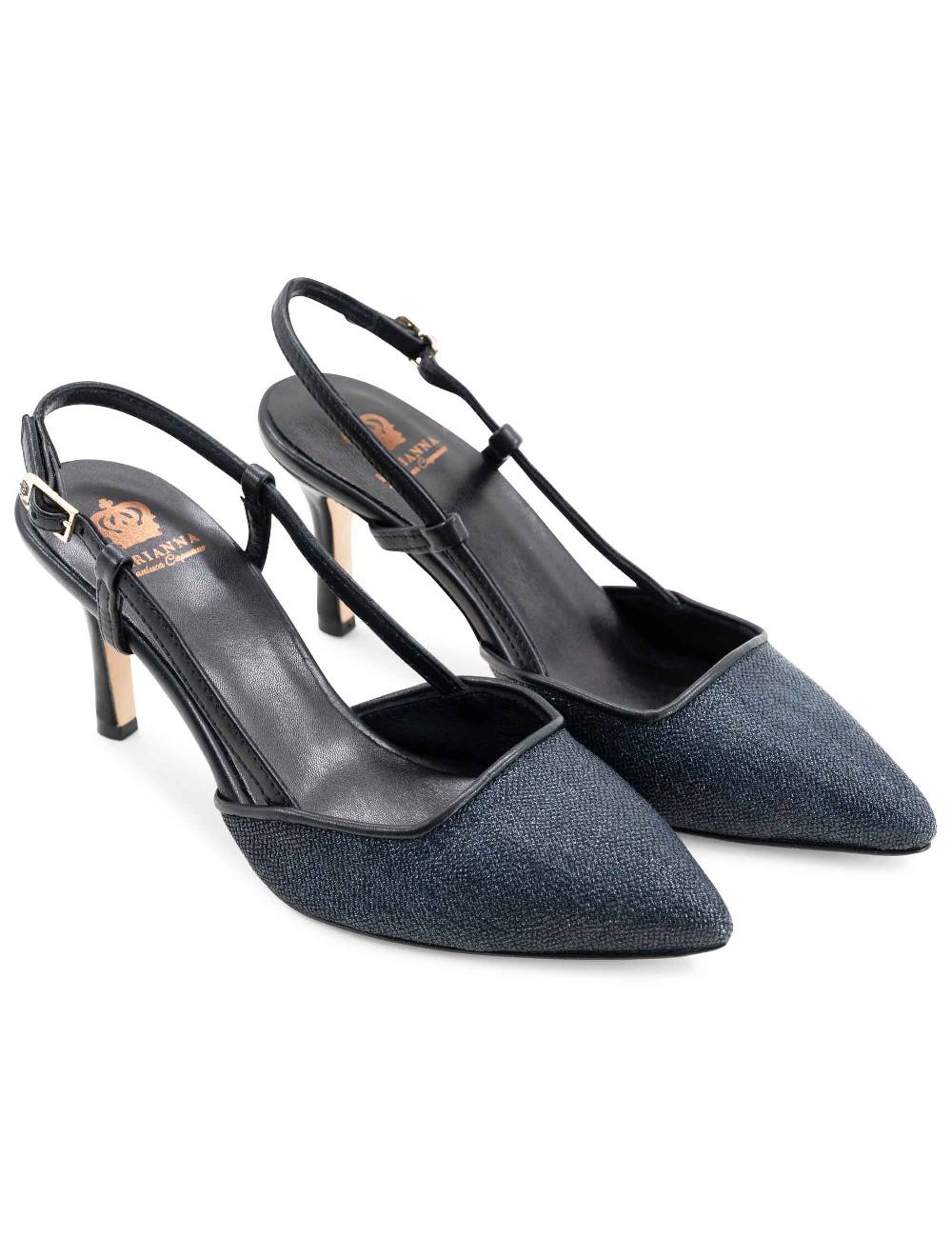 L'ARIANNA decollete slingback ch1725 in tessuto zena dark con cinturino e tacco in pelle nera Offerta natalizia