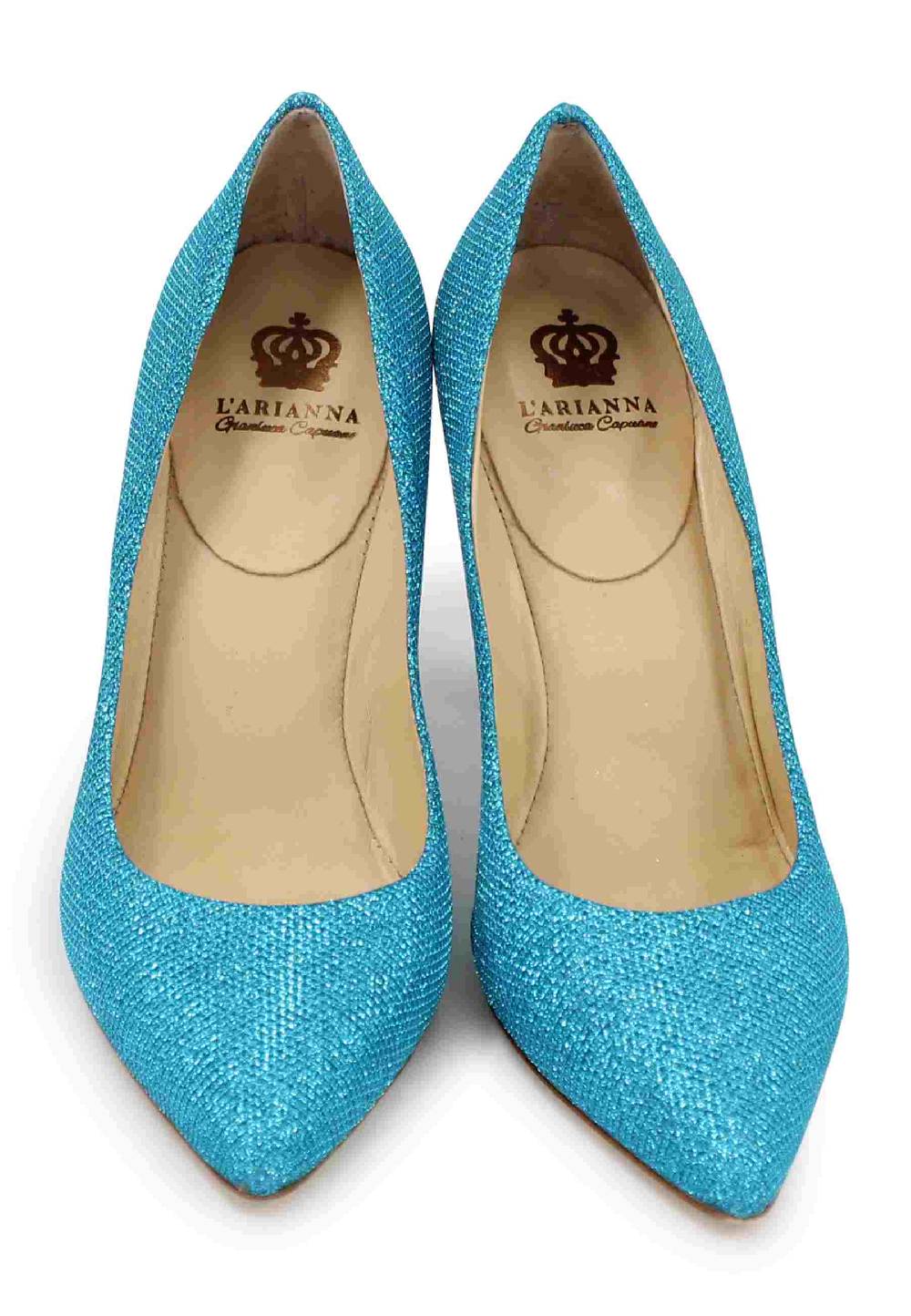 L'ARIANNA Decollete DE1002/RT donna in tessuto lux azzurro con tacco alto Comprane uno, ottenene uno gratis