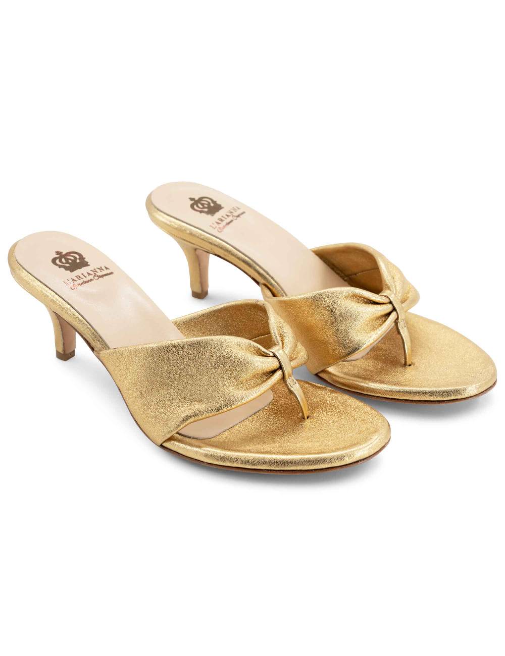 L'ARIANNA Sandali ds7048 donna in pelle lamin oro con tacco basso Prezzo Ridotto