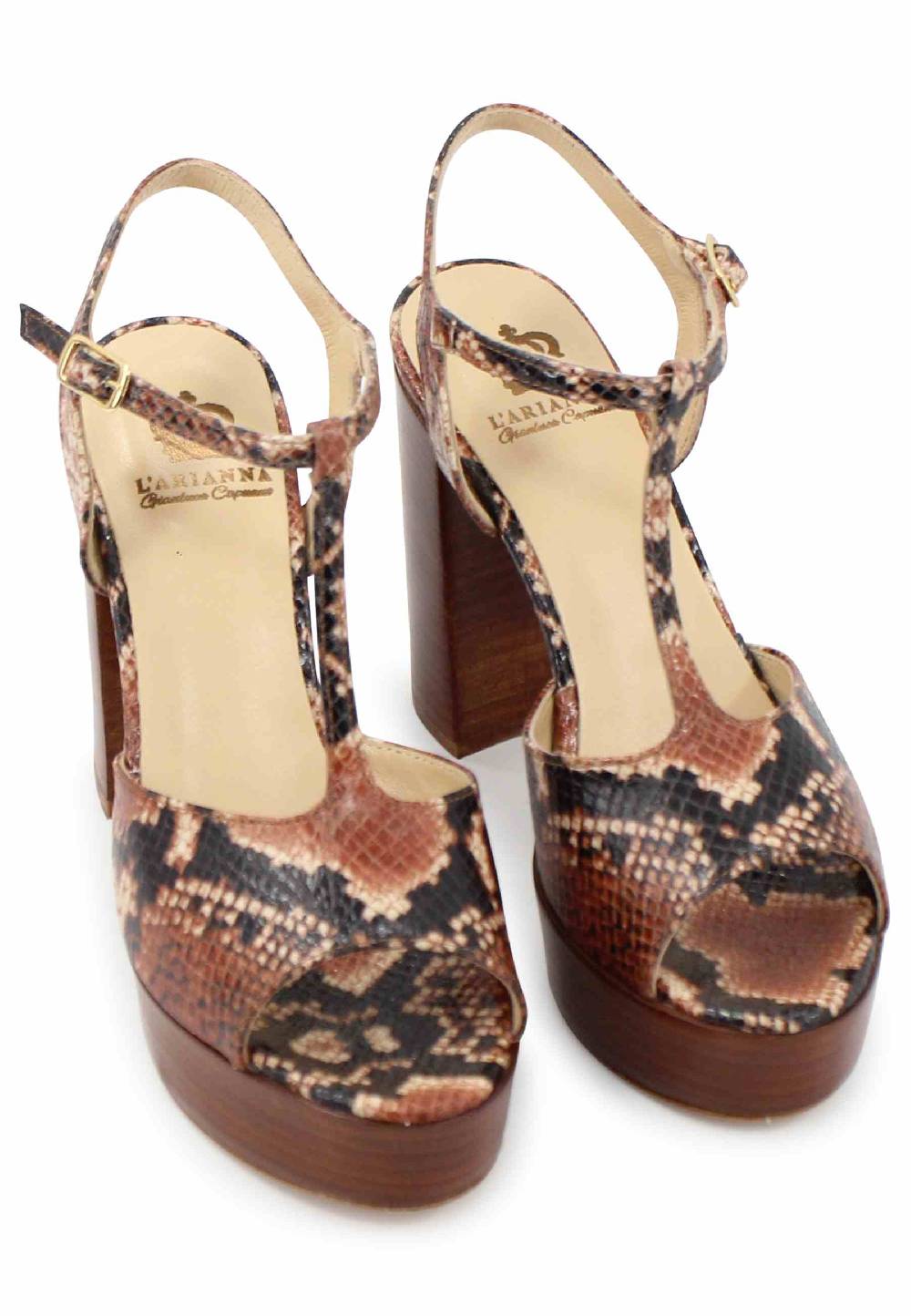 L'ARIANNA Sandali ds7010 donna in pelle stampata castagne con cinturino tacco alto e plateau Sconto