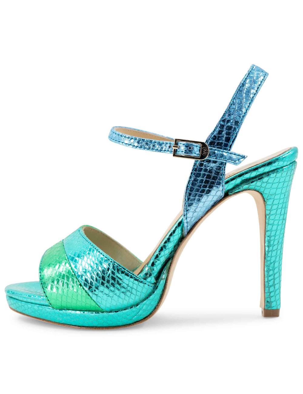 L'ARIANNA Sandali ds1643 da donna in pelle laminata rettile verde e azzurra con tacco alto e platò, con cinturino alla caviglia Online