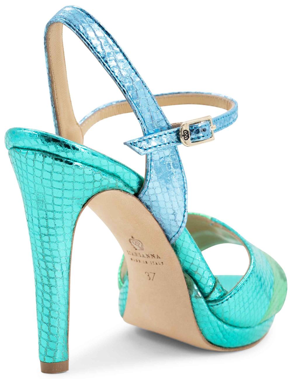 L'ARIANNA Sandali ds1643 da donna in pelle laminata rettile verde e azzurra con tacco alto e platò, con cinturino alla caviglia Online