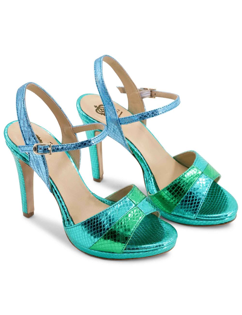 L'ARIANNA Sandali ds1643 da donna in pelle laminata rettile verde e azzurra con tacco alto e platò, con cinturino alla caviglia Online