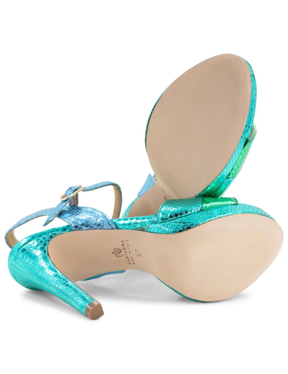 L'ARIANNA Sandali ds1643 da donna in pelle laminata rettile verde e azzurra con tacco alto e platò, con cinturino alla caviglia Online