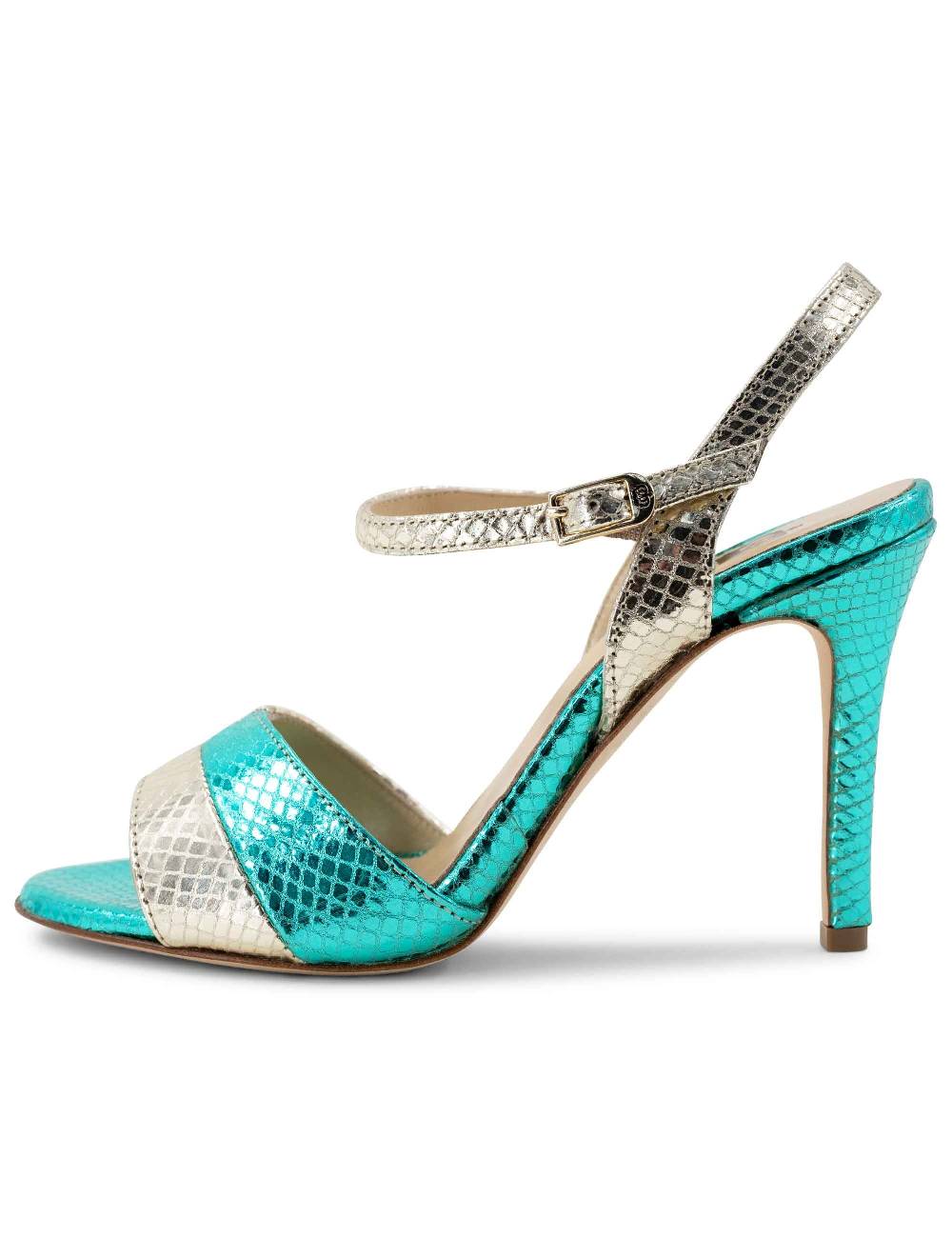 L'ARIANNA Sandali ds1643 da donna in pelle laminata rettile verde e argento con tacco alto e con cinturino alla caviglia Outlet