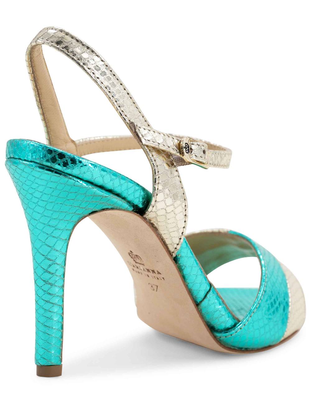 L'ARIANNA Sandali ds1643 da donna in pelle laminata rettile verde e argento con tacco alto e con cinturino alla caviglia Outlet