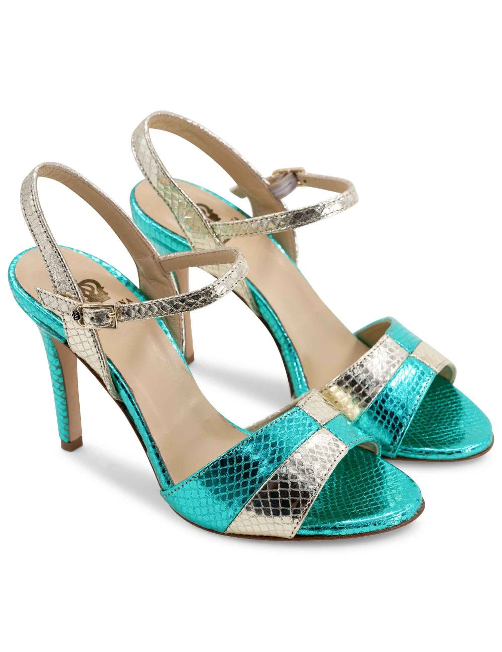 L'ARIANNA Sandali ds1643 da donna in pelle laminata rettile verde e argento con tacco alto e con cinturino alla caviglia Outlet