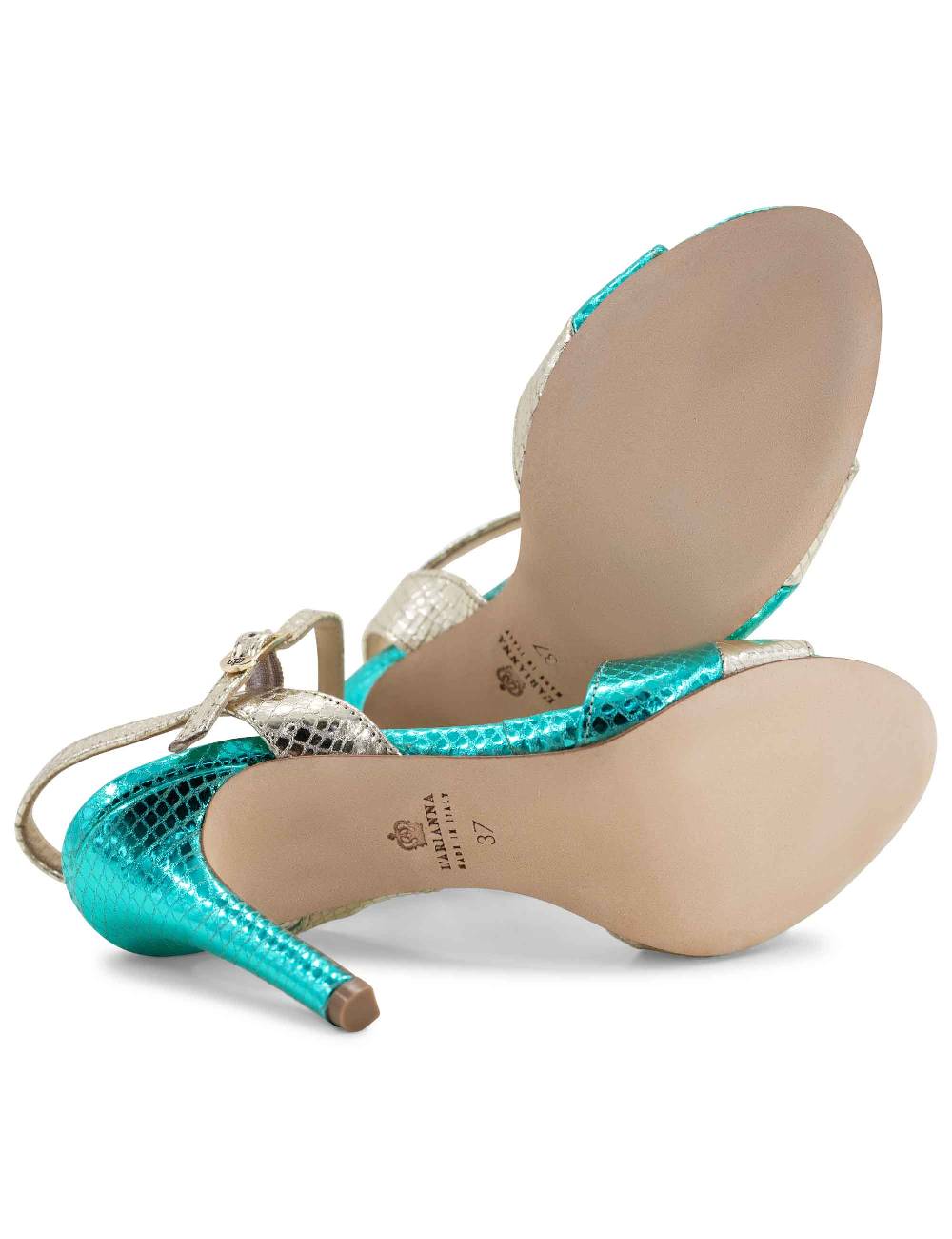 L'ARIANNA Sandali ds1643 da donna in pelle laminata rettile verde e argento con tacco alto e con cinturino alla caviglia Outlet