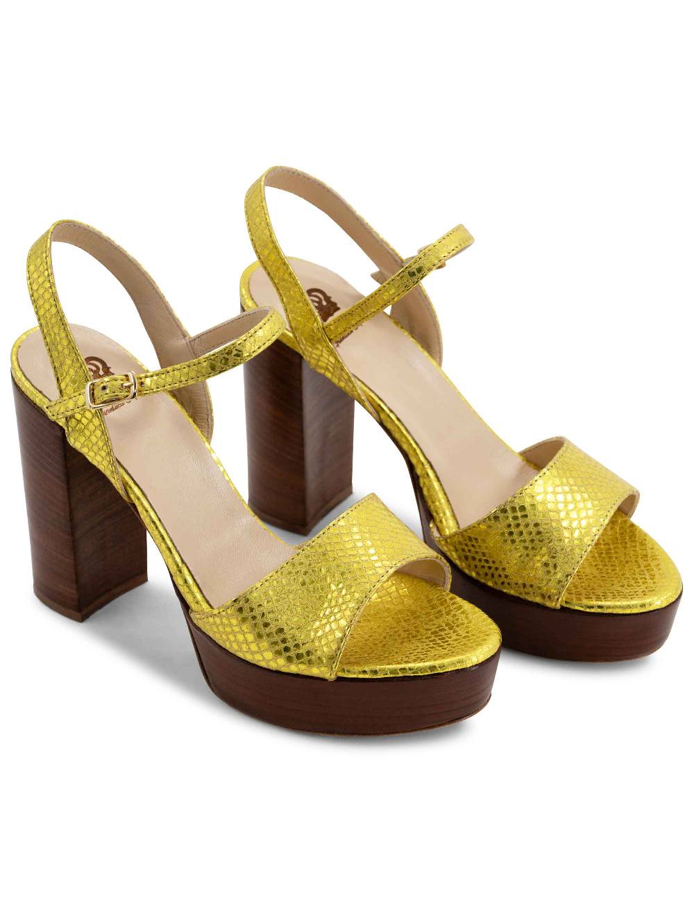 L'ARIANNA Sandali DS1610 donna in pelle stampata laminata giallo con tacco alto e plateau Offerte