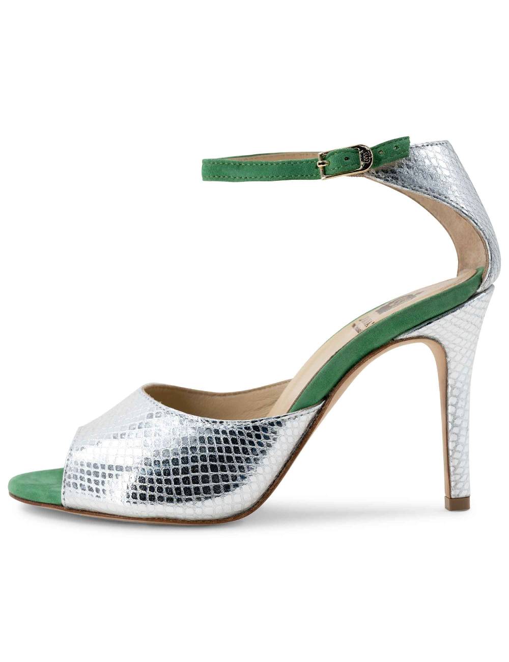 L'ARIANNA Sandali DS1518 donna in pelle laminata jeans effetto rettile e camoscio verde con tacco alto e cinturino alla caviglia L'Arianna Vendita Economica