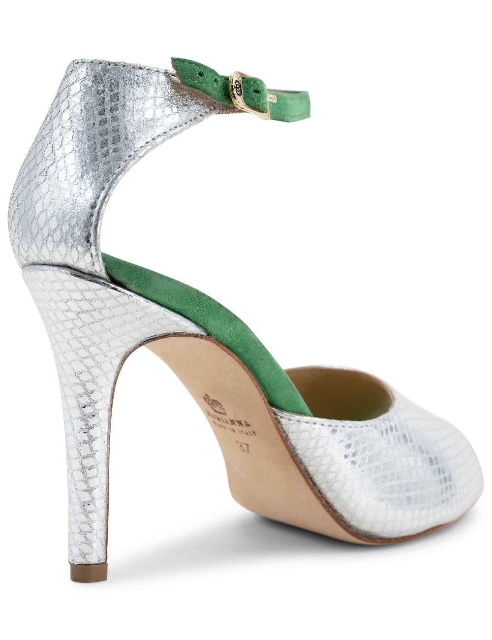 L'ARIANNA Sandali DS1518 donna in pelle laminata jeans effetto rettile e camoscio verde con tacco alto e cinturino alla caviglia L'Arianna Vendita Economica