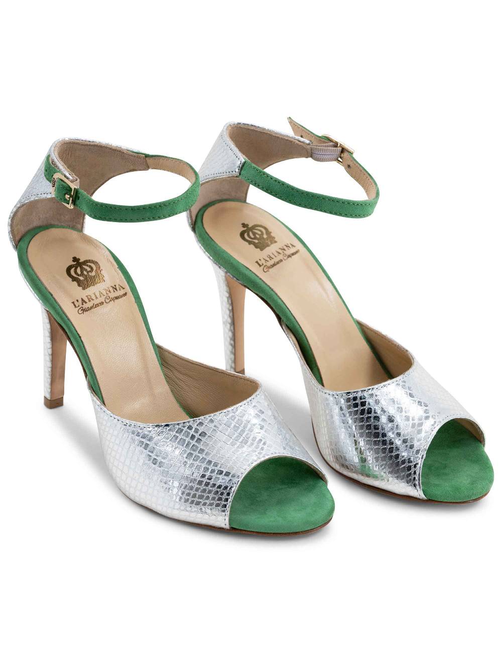 L'ARIANNA Sandali DS1518 donna in pelle laminata jeans effetto rettile e camoscio verde con tacco alto e cinturino alla caviglia L'Arianna Vendita Economica