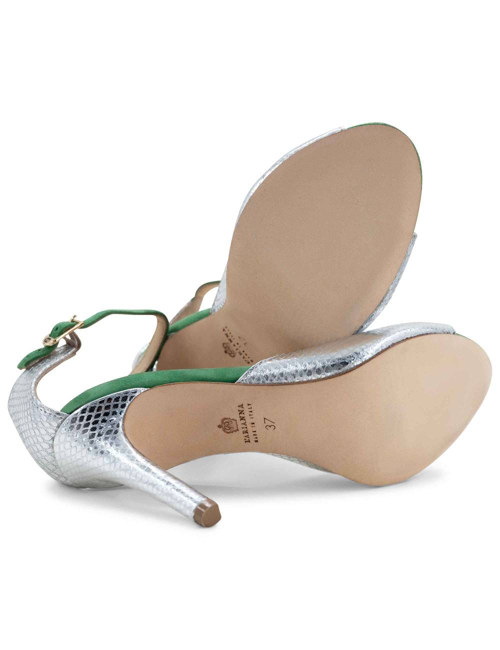 L'ARIANNA Sandali DS1518 donna in pelle laminata jeans effetto rettile e camoscio verde con tacco alto e cinturino alla caviglia L'Arianna Vendita Economica