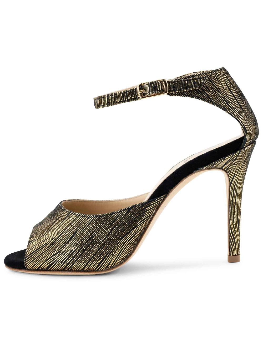 L'ARIANNA Sandali DS1518 donna in camoscio nero e lucry oro con tacco alto e cinturino alla caviglia L'Arianna Saldi Di Fabbrica