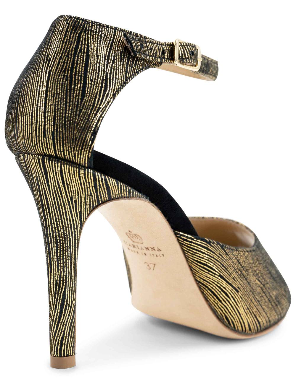 L'ARIANNA Sandali DS1518 donna in camoscio nero e lucry oro con tacco alto e cinturino alla caviglia L'Arianna Saldi Di Fabbrica