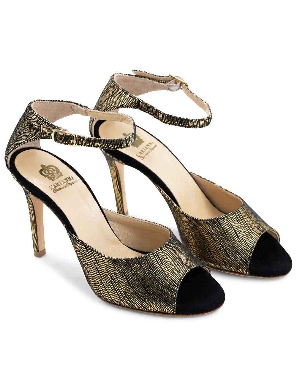 L'ARIANNA Sandali DS1518 donna in camoscio nero e lucry oro con tacco alto e cinturino alla caviglia L'Arianna Saldi Di Fabbrica