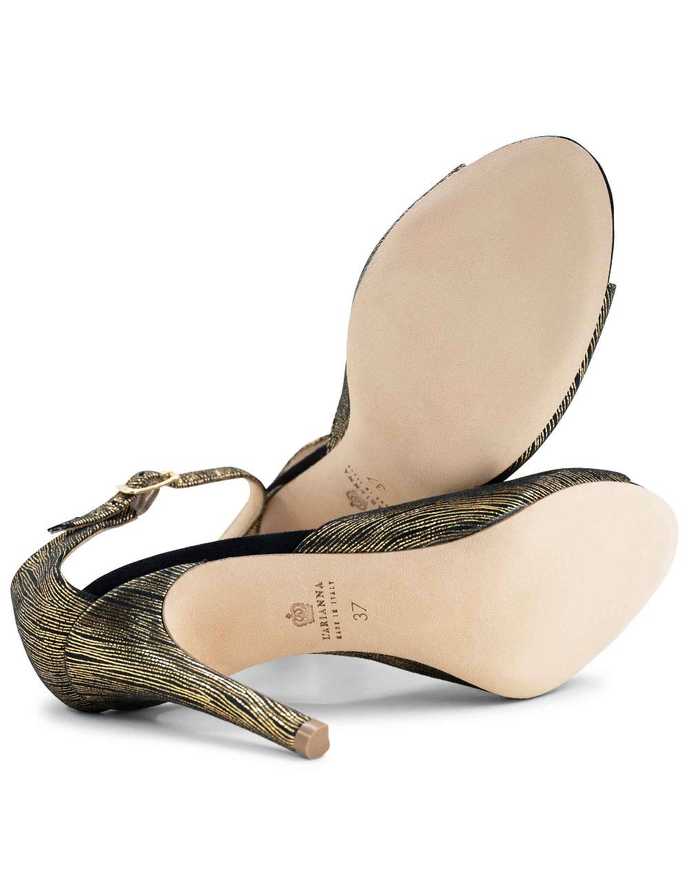 L'ARIANNA Sandali DS1518 donna in camoscio nero e lucry oro con tacco alto e cinturino alla caviglia L'Arianna Saldi Di Fabbrica