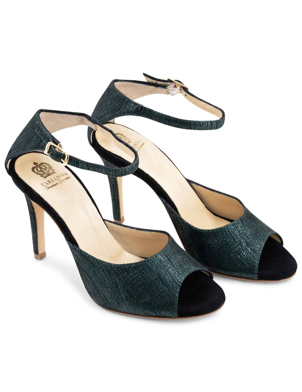 L'ARIANNA Sandali DS1518 donna in camoscio nero e lucry verde con tacco alto e cinturino alla caviglia L'Arianna I Più Venduti