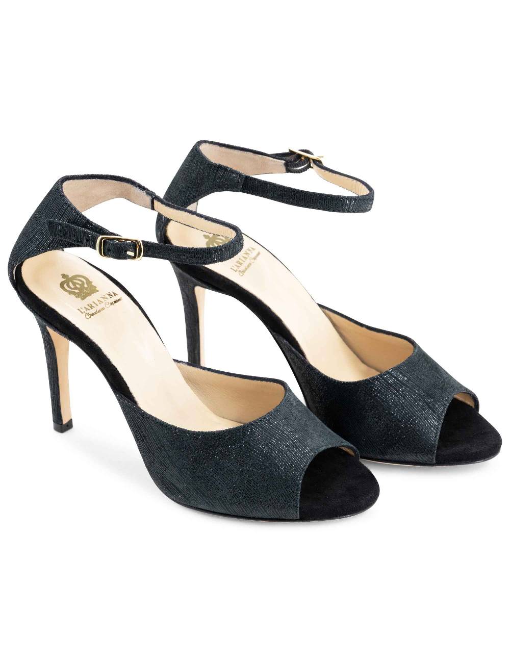 L'ARIANNA Sandali DS1518 donna in camoscio nero e lucry nero con tacco alto e cinturino alla caviglia L'Arianna Vendite Flash