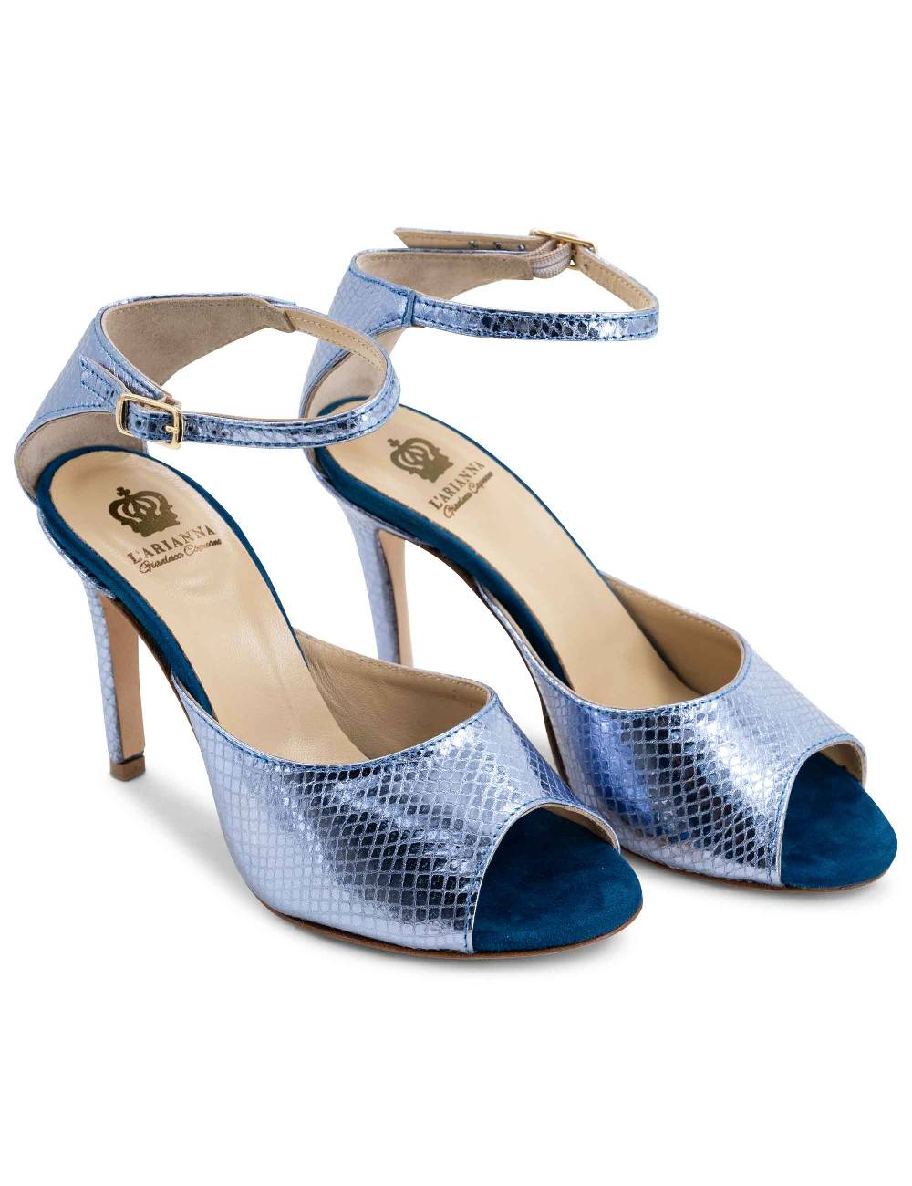 L'ARIANNA Sandali DS1518 donna in pelle laminata jeans effetto rettile e camoscio oceano con tacco alto e cinturino alla caviglia L'Arianna Offerta settimanale