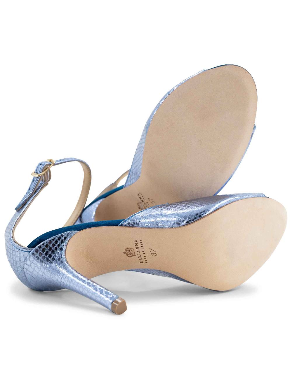 L'ARIANNA Sandali DS1518 donna in pelle laminata jeans effetto rettile e camoscio oceano con tacco alto e cinturino alla caviglia L'Arianna Offerta settimanale