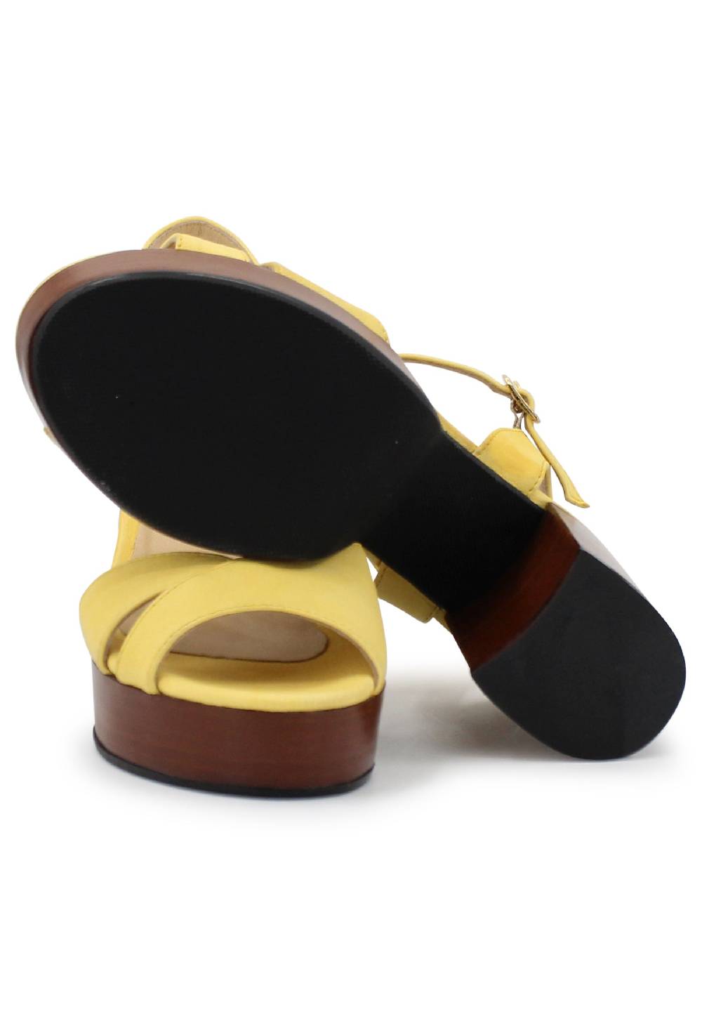 L'ARIANNA Sandali DS1639 donna in pelle gialla con cinturino e tacco e plateau in cuoio In Linea