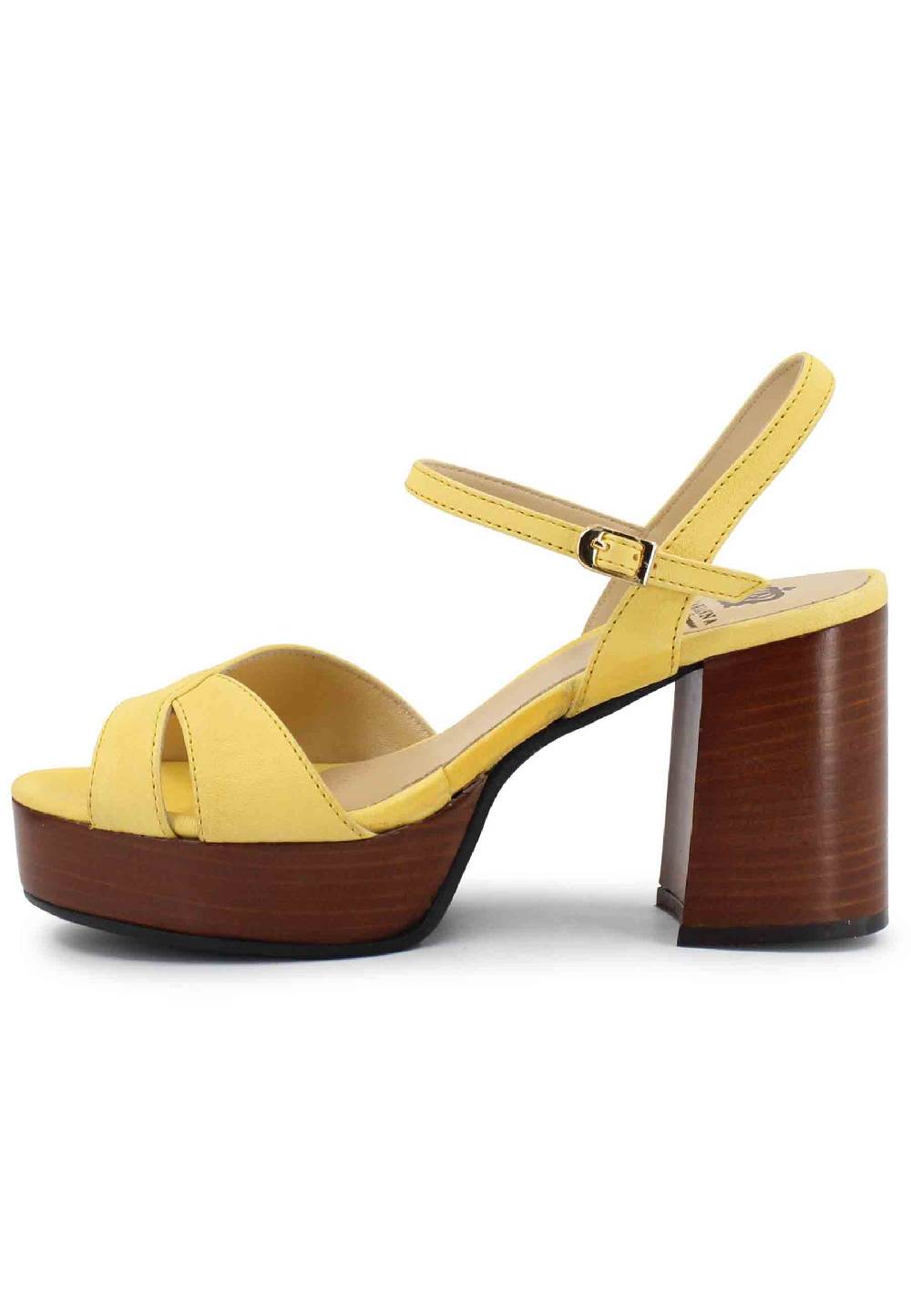 L'ARIANNA Sandali DS1639 donna in pelle gialla con cinturino e tacco e plateau in cuoio In Linea
