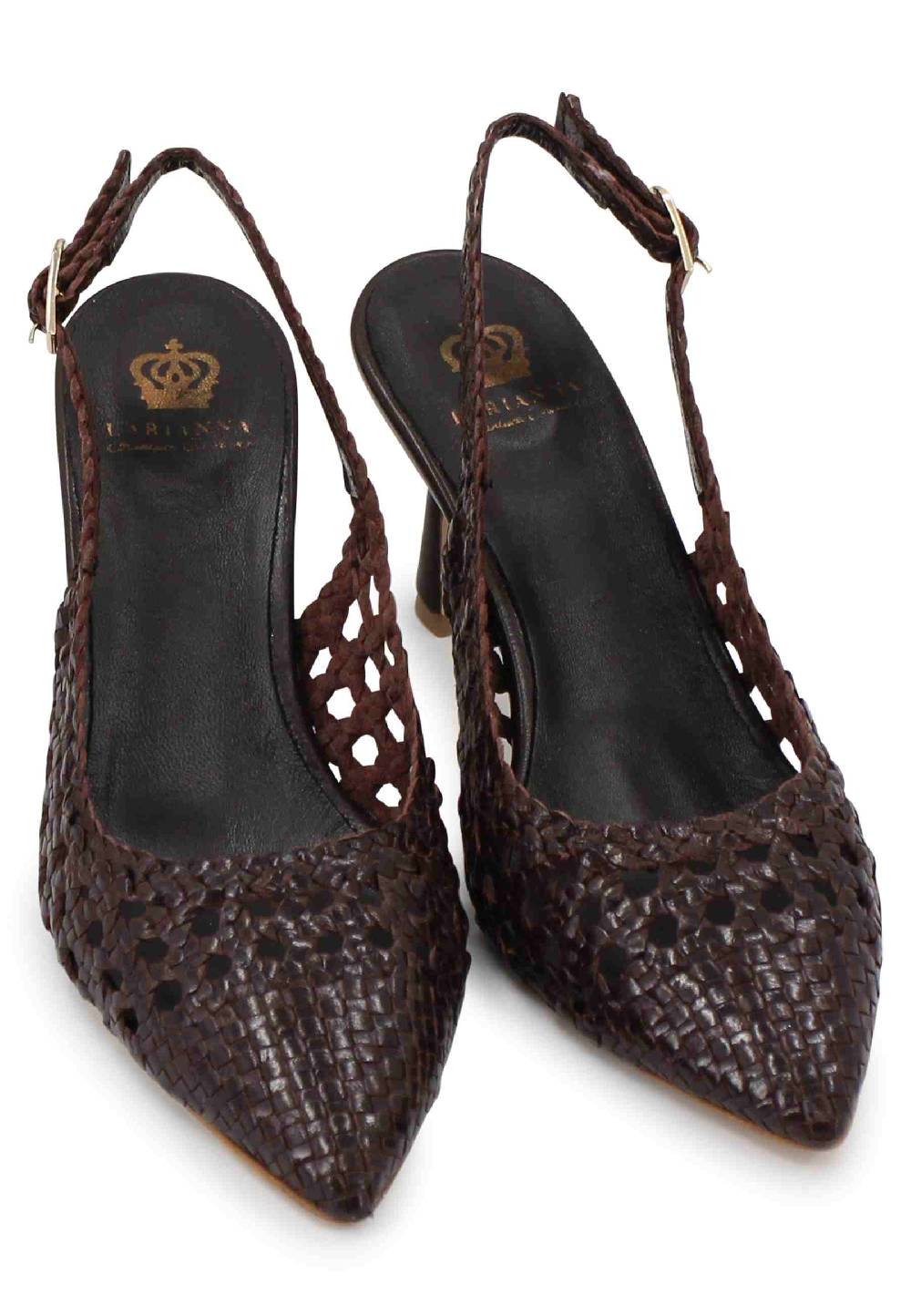 L'ARIANNA Decollete slingback in pelle intrecciata marrone tacco alto Soddisfazione Garantita