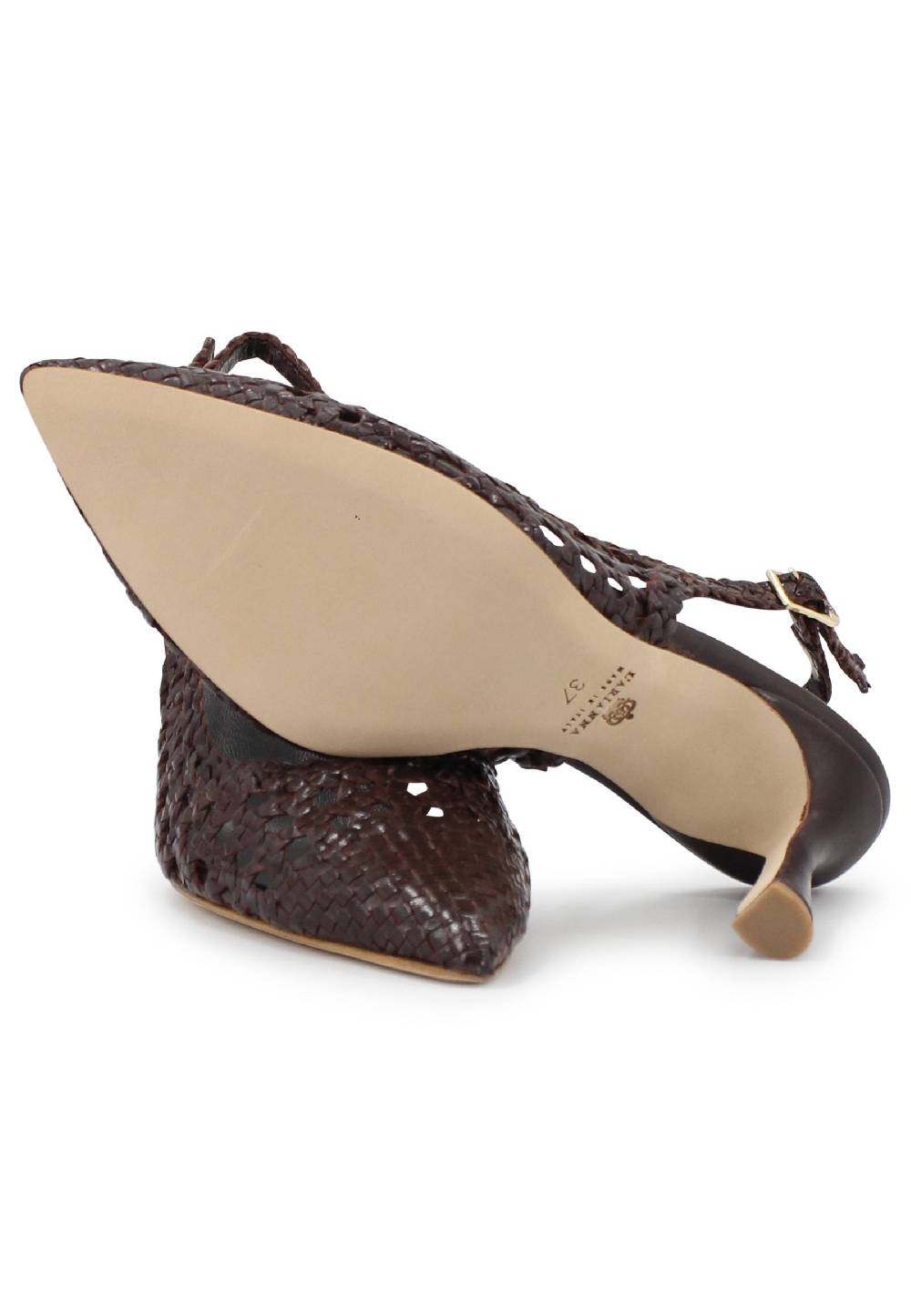 L'ARIANNA Decollete slingback in pelle intrecciata marrone tacco alto Soddisfazione Garantita
