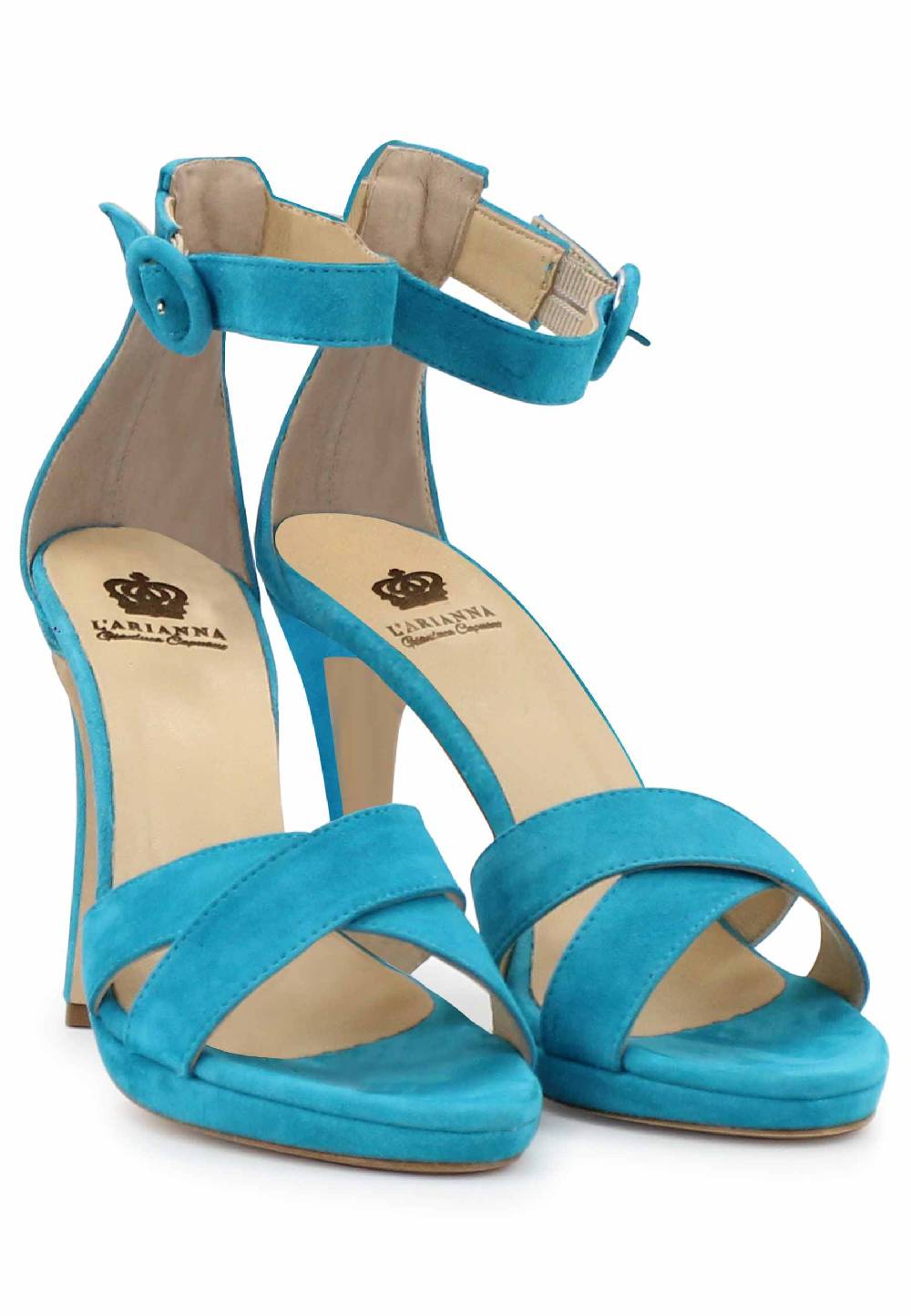 L'ARIANNA Sandali DS1507 donna in pelle azzurra con tacco alto e cinturino alla caviglia Qualità Garantita
