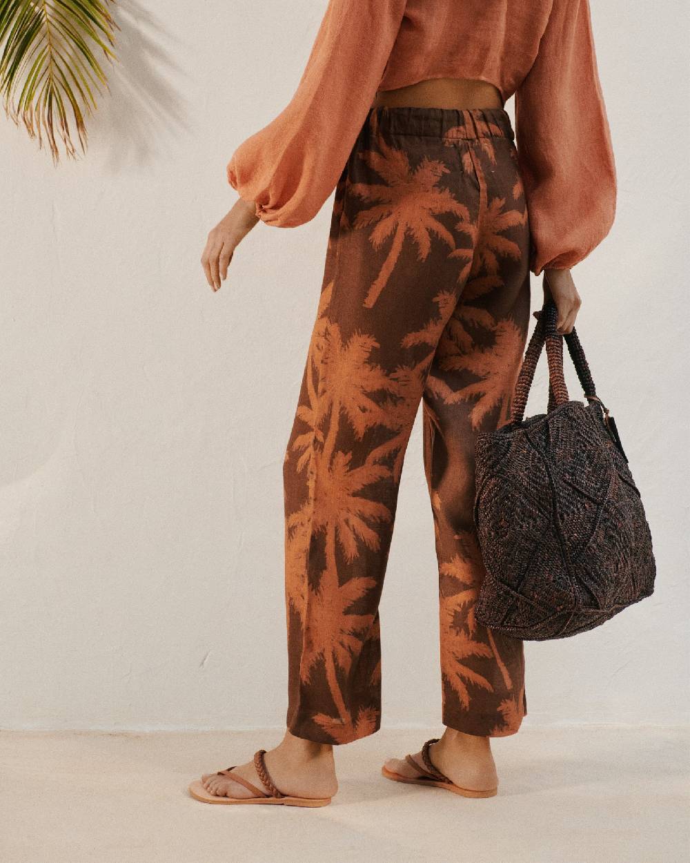 Manebí Printed Linen Belem Trousers - Cocoa And Orange Rust Maxi Palm Acquista Ora