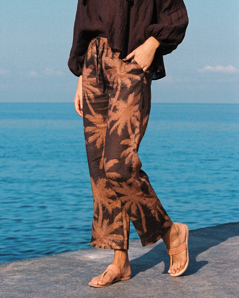 Manebí Printed Linen Belem Trousers - Cocoa And Orange Rust Maxi Palm Acquista Ora