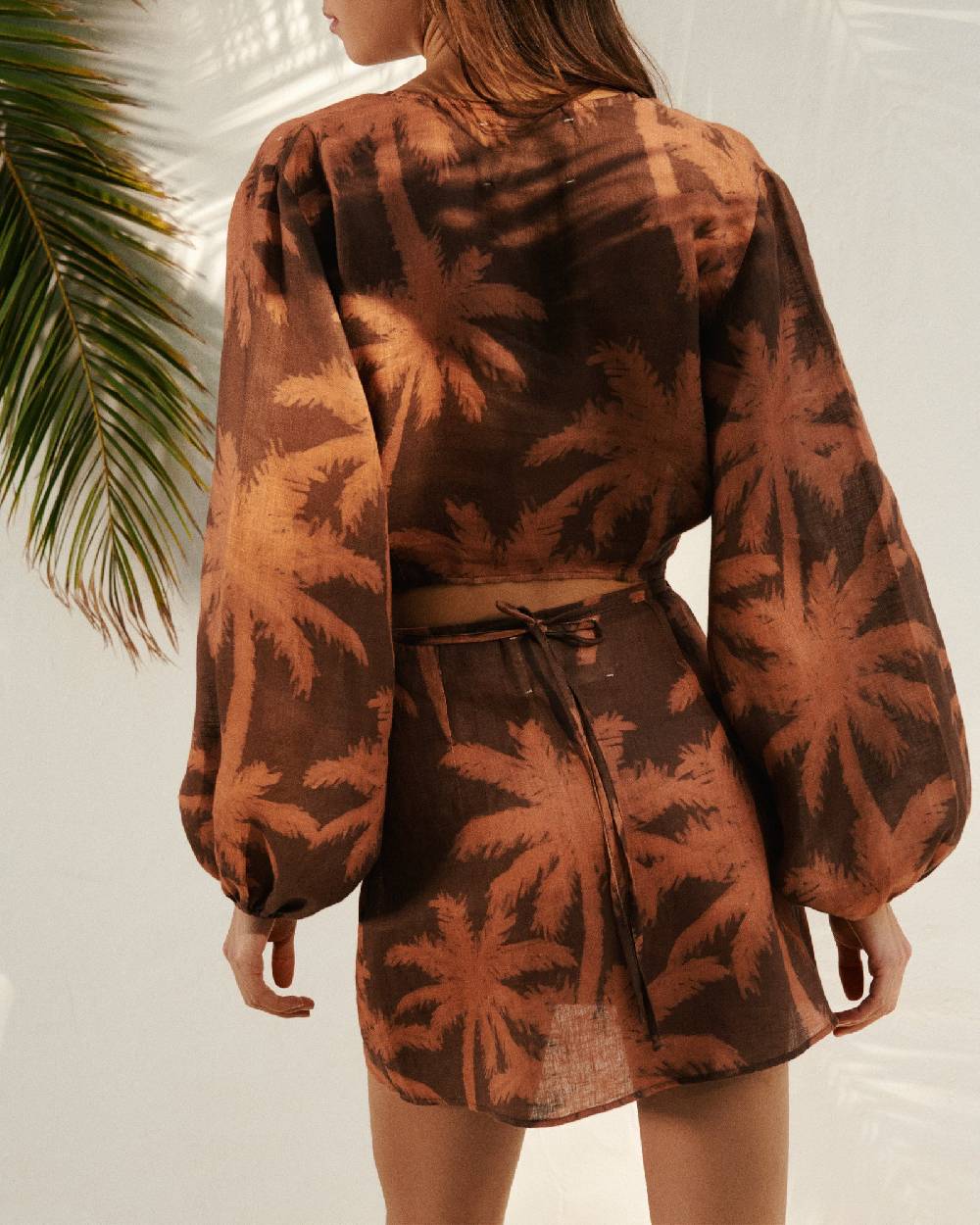 Manebí Printed Linen Antigua Top - Cocoa And Orange Rust Maxi Palm Offerta speciale