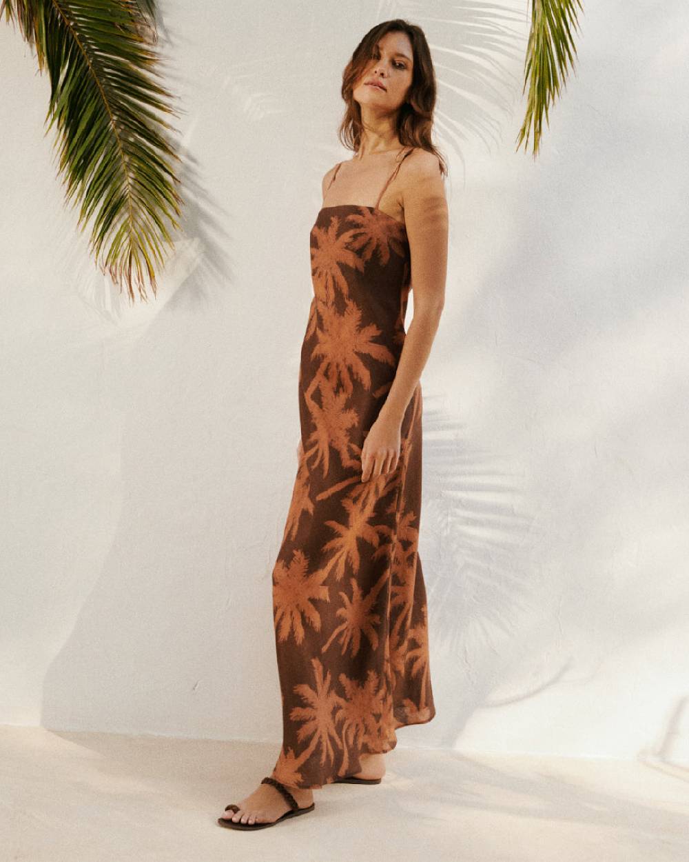 Manebí Printed Linen Cuzco Dress - Cocoa And Orange Rust Maxi Palm Offerta