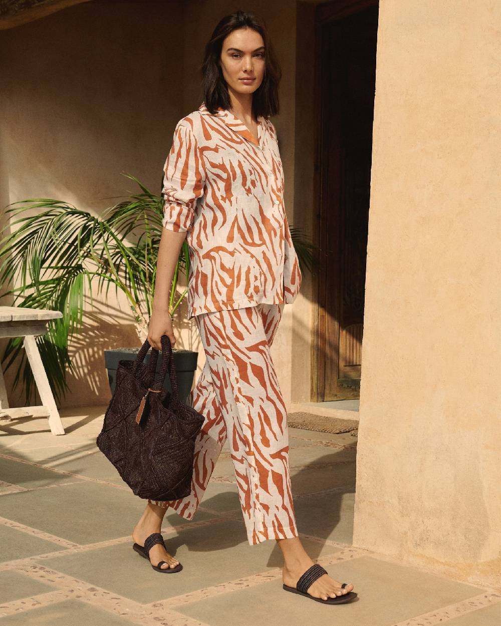 Manebí Printed Linen Belem Trousers - Eggnog \u0026 Orange Rust Zebra Saldi