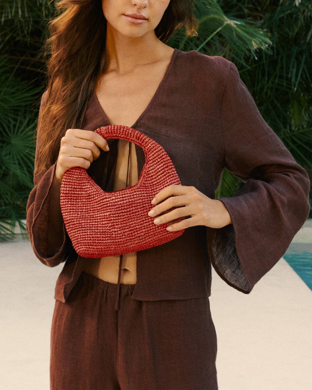 Manebí Raffia Halfmoon Bag - Rust Vendita Calda