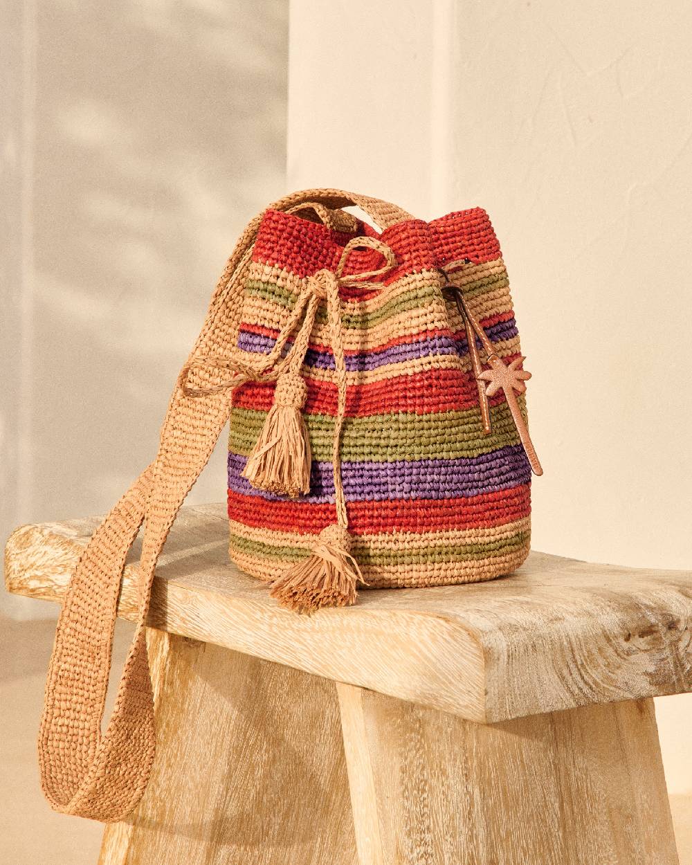 Manebí Raffia Beach Bucket - Rust Tan Mineral Green Summer Purple Stripes Soddisfazione Garantita