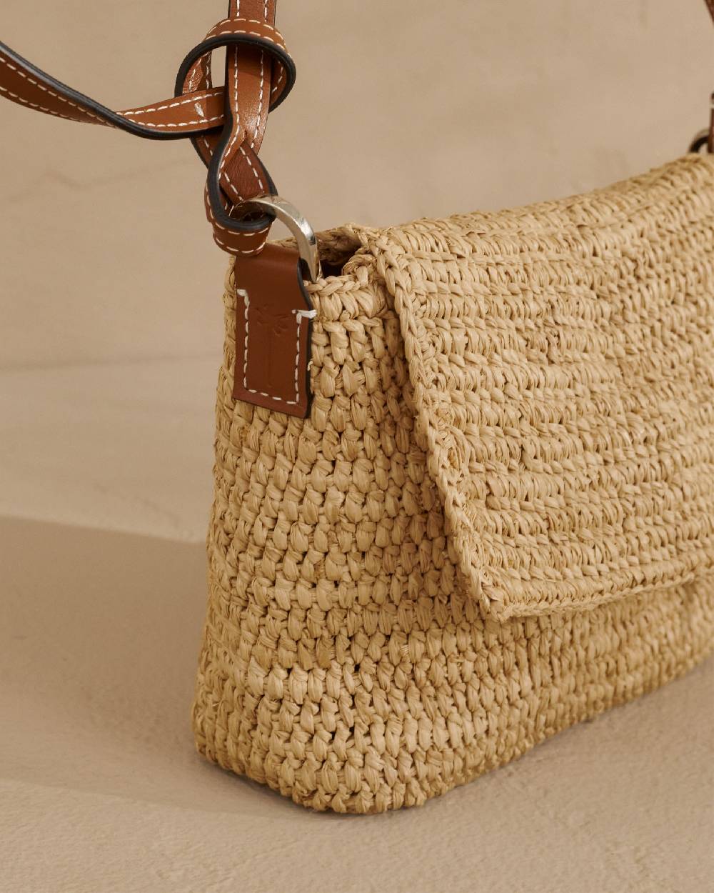 Manebí Raffia Summer Night Bag Medium - Leather Handle \u0026 Palm Leather Tag Natural and Brown Convenienza