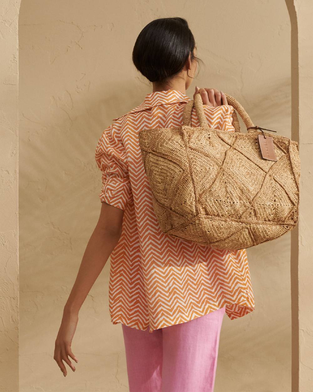 Manebí Raffia Crochet Sunset Bag Large - Tan Presa