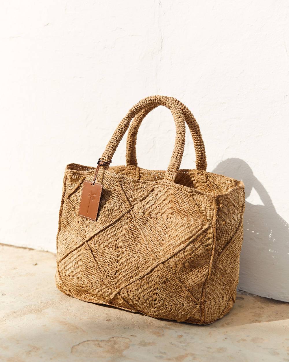 Manebí Raffia Crochet Sunset Bag Large - Tan Presa