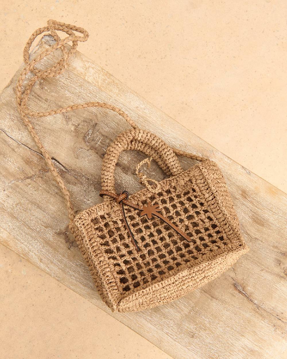 Manebí Natural Raffia Sunset|Bag Mini Net - Palm Leather Tag Tan Sconto