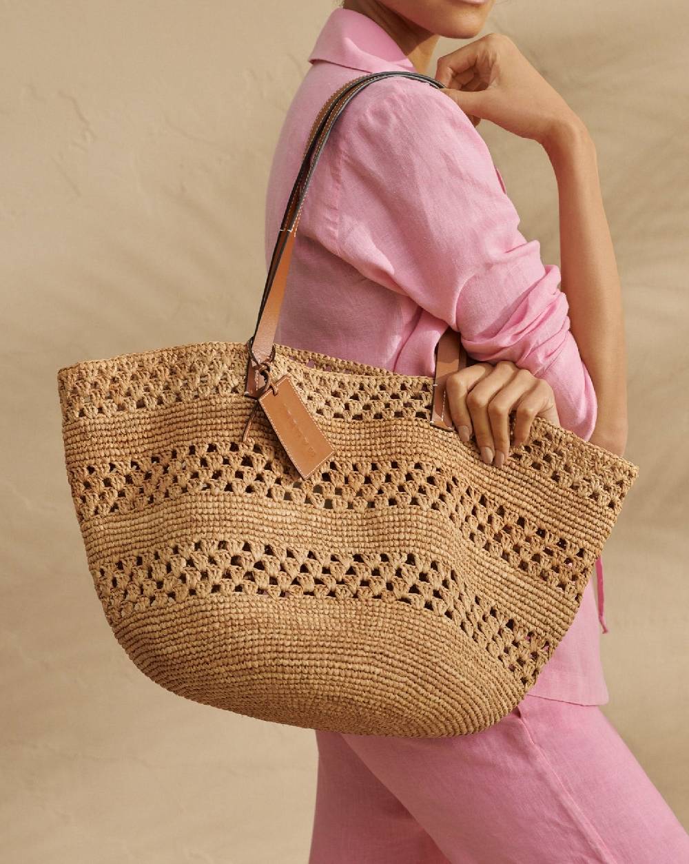 Manebí Weaving Raffia \u0026 Leather Basket Bag - Leather Tag Saldi