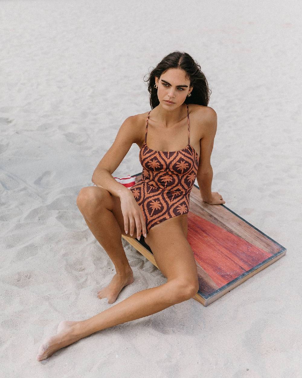 Manebí Printed Cut-out One Piece - Soft Touch Cocoa \u0026 Orange Rust Maxi Ikat Palm In Linea