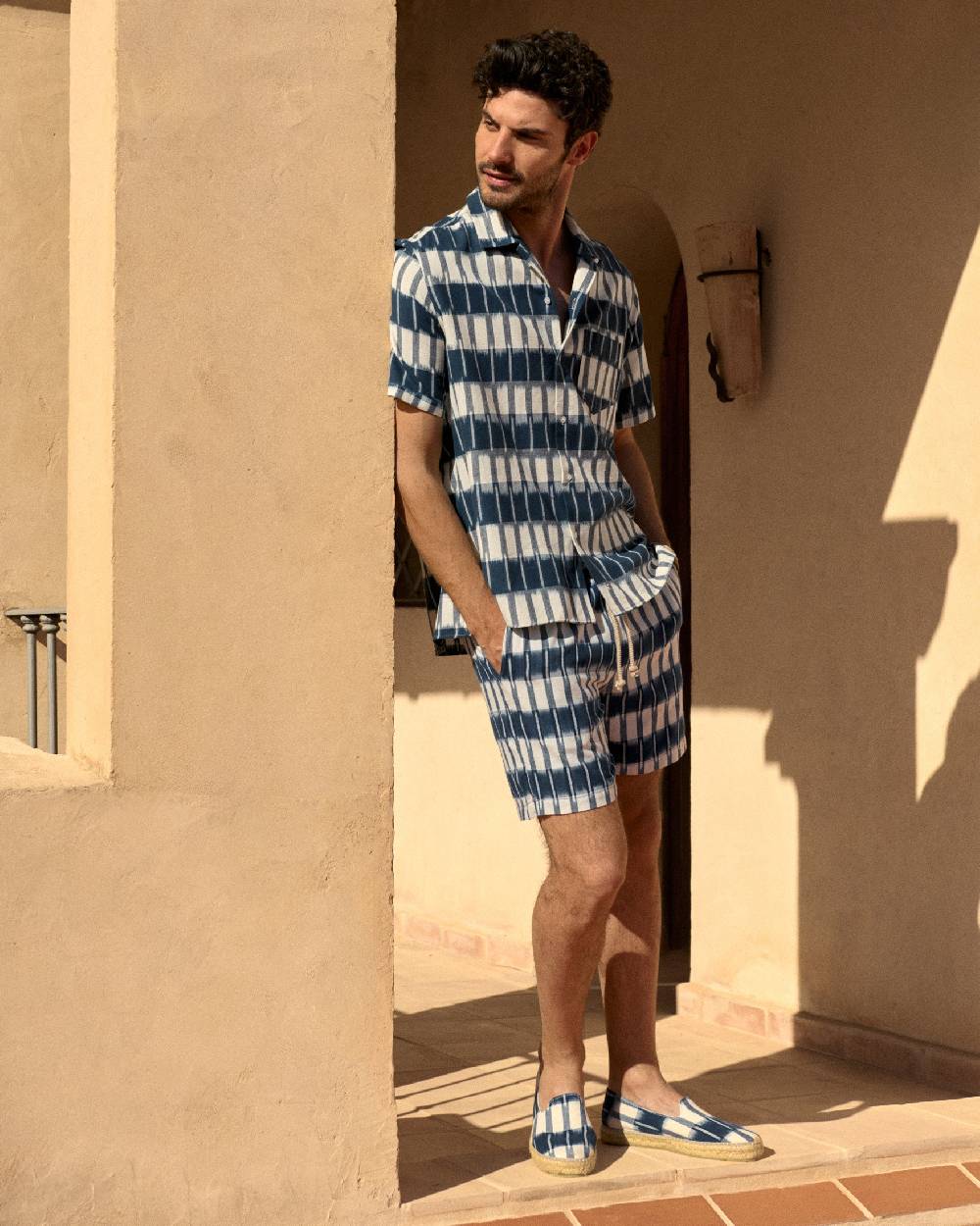 Manebí Dyed Cotton|Havana Camp-Collar Shirt - Navy Blue \u0026 Indigo Pattern In Saldo