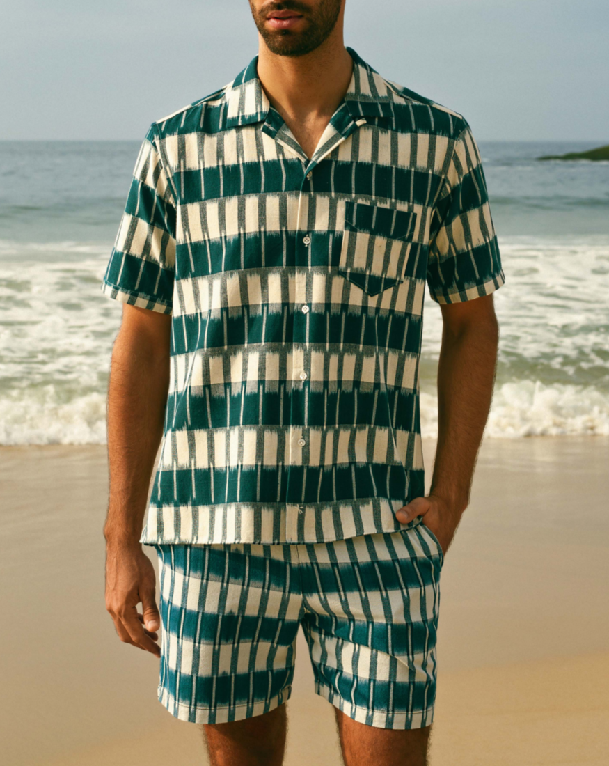Manebí Dyed Cotton|Havana Camp-Collar Shirt - Navy Blue \u0026 Indigo Pattern In Saldo