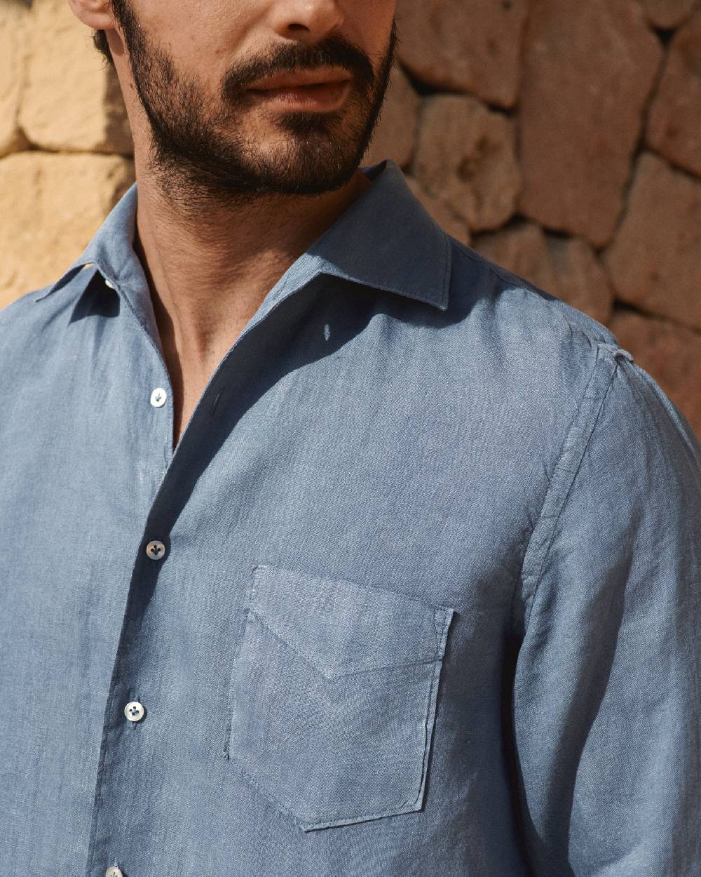 Manebí Washed Linen Panama Shirt - Embroidered Palm Navy Blue Pezzi Unici