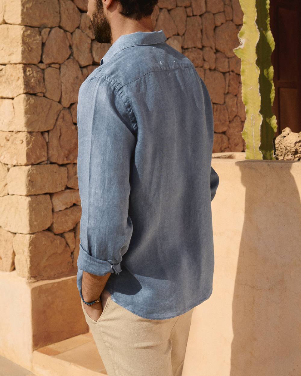 Manebí Washed Linen Panama Shirt - Embroidered Palm Navy Blue Pezzi Unici