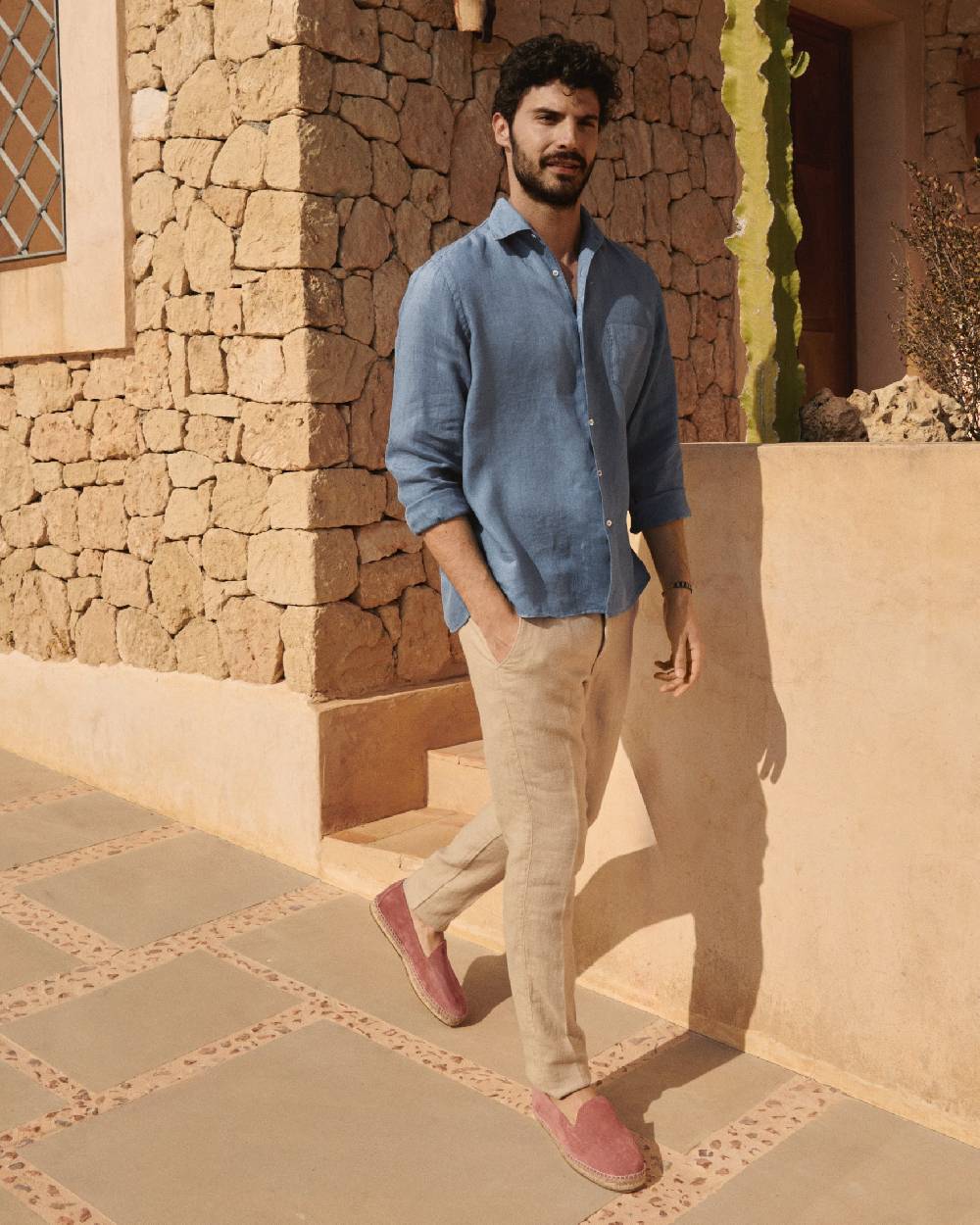 Manebí Washed Linen Panama Shirt - Embroidered Palm Navy Blue Pezzi Unici