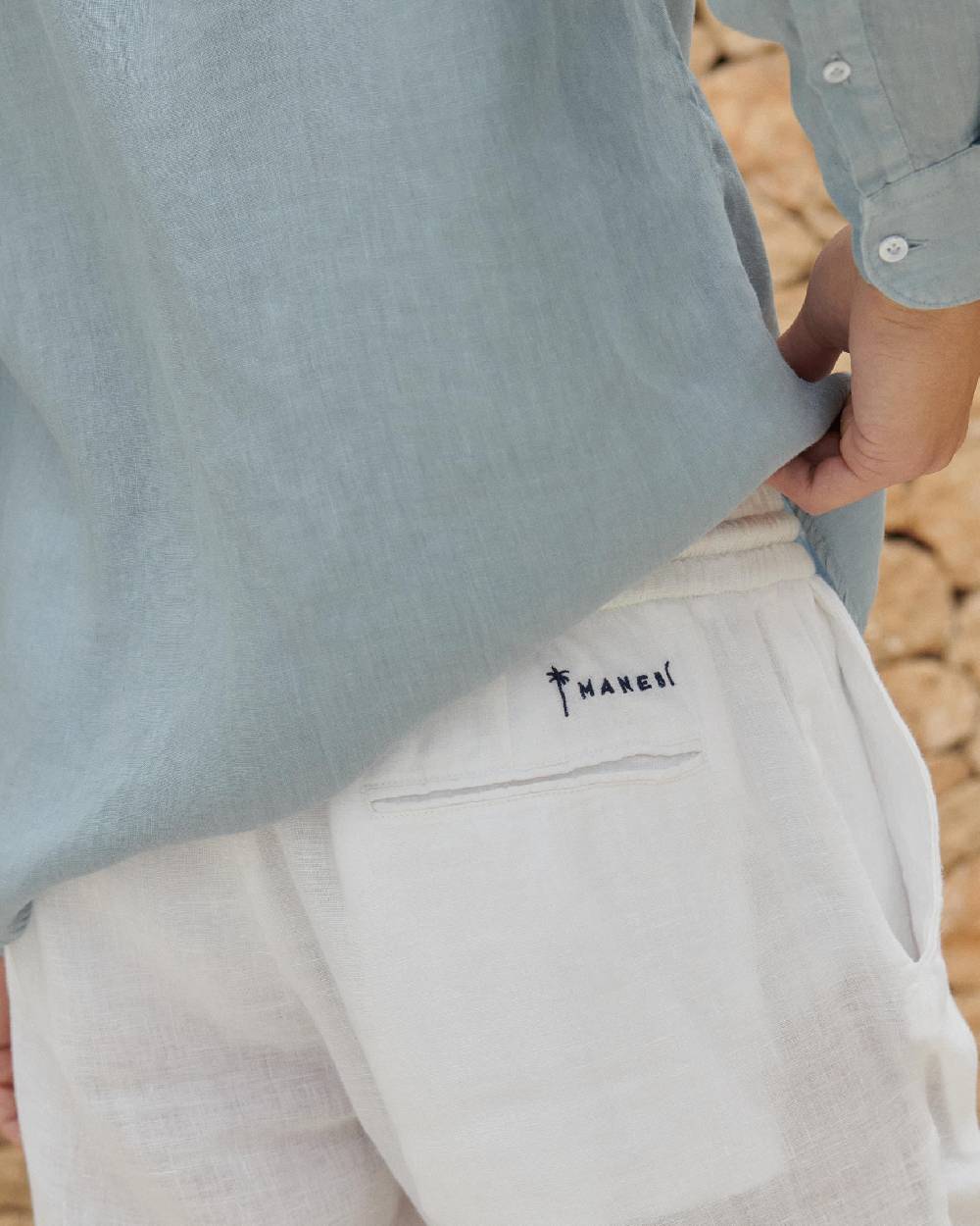 Manebí Washed Linen Venice Trousers - Embroidered Logo White Negozi Online