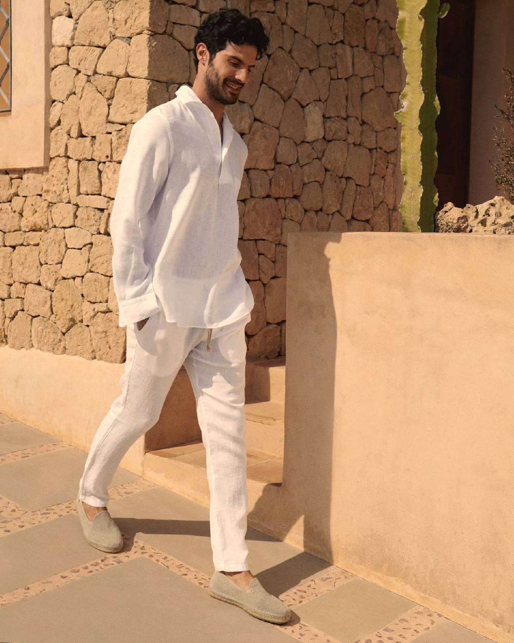 Manebí Washed Linen Venice Trousers - Embroidered Logo White Negozi Online